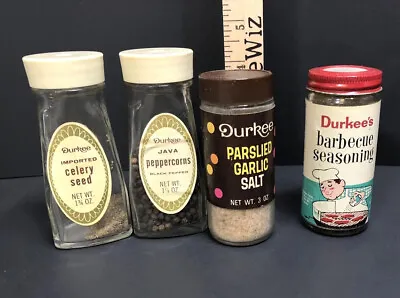 4 Vintage DURKEE Spice Jar Bottles BBQ Celery Peppercorn Parsley Garlic Salt • $24