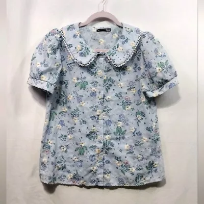 $24.88 • Buy Dazy Babydoll Floral Top Women's L Blue Embroidery Peter Pan Collar Cottagecore
