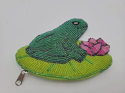 Vintage Frog Beaded Coin Purse With Zipper Coin Green Lily Pad Pink Flower  • $7.92