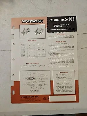 Vintage 1960's Switchcraft Inc. Hook & RS Switches Catalog S-303 • $6.36