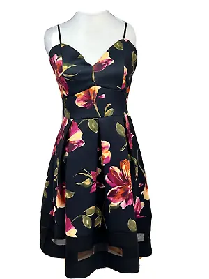 Boohoo Skater Dress Size 12 MATILDA Black Pink Red Floral Strappy Mesh Insert • £20
