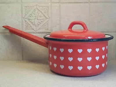 Vintage Red With White Hearts Enamelware Covered Medium Sauce Pan  Romania 18CM • $39.99