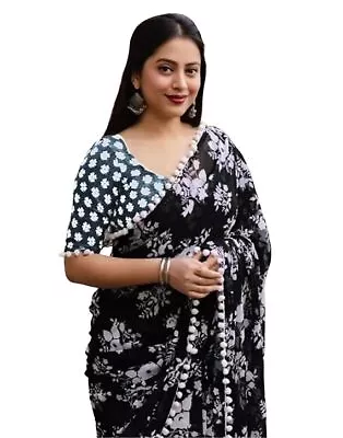 Women's Floral Printed Georgette Lace Work Saree With Blouse Piece Black Color • £22.80