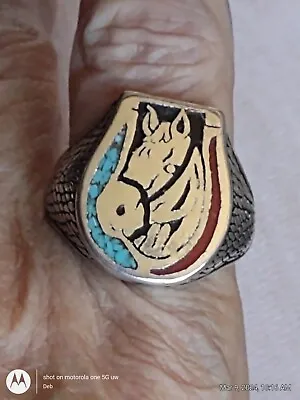 Vintage Western Horse White Bronze Men's Turquoise Coral Inlay Ring Sz 15 Signed • $34.99