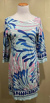 BARBARA GERWIT Blue Pink White 3/4 Sleeve Tunic Shirt Dress Small S Medium M • $7.99