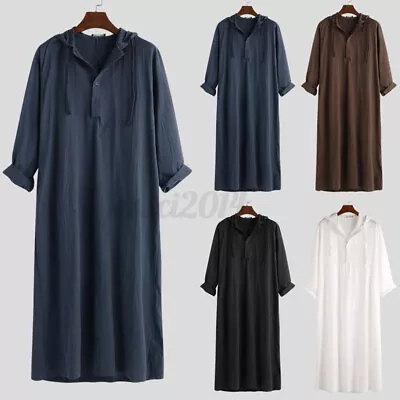 Mens Saudi Jubba Dishdasha Muslim Islamic Arab Hooded Kaftan Long Maxi Thobe Top • $26.59