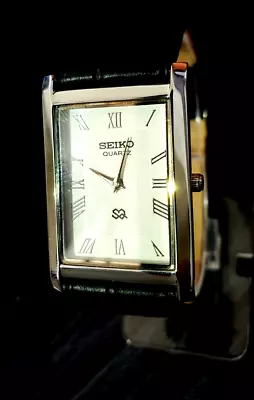 -Vintage Tank Rectangular Gorgeous White Dial Blk Leather Men Dress Watch • $77.99