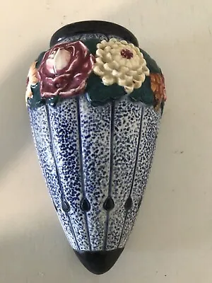 Vintage Wall Pocket Vase Ceramic Majolica Style Blue Stipple Background Exc Cond • $22