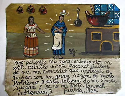 Vtg 1925 Hp Mexican Tin Retablo San Pascual Bailon Helps Woman Cook Well; Signed • $58.50