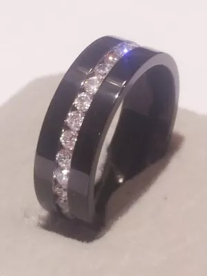 CLEARANCE Mens Eternity Band Wedding Ring Solid Black Titanium Simulated Diamond • $54.95