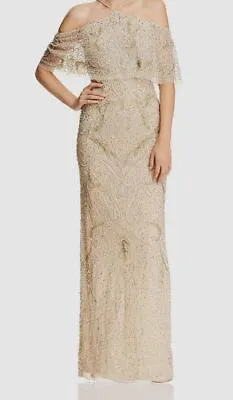 $595 Aidan Mattox Women's Beige Cold-Shoulder Beaded Gown Formal Dress Size 8 • $166.78
