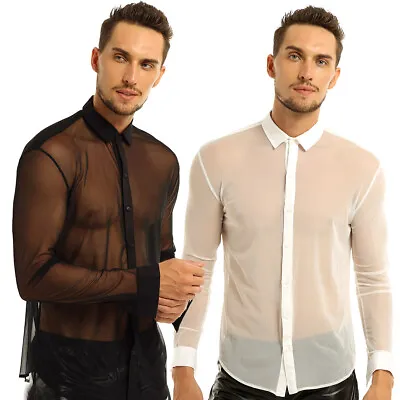 Men Muscle Long Sleeve Shirts Nightclub See Through Button-Down T Shirt Top Tee • £13.62