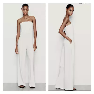 NWT Zara Women's Strapless Wide Leg Jumpsuit Bridal Blogger Favorite White Sz L • $69