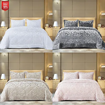 3 Piece Velvet Quilted Embossed Bedspread Fleece Comforter Bed Throw Bedding Set • £37.95
