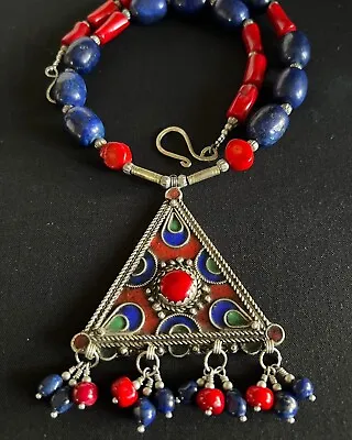 Moroccan Fibulae Enameled Tuareg Berber W/Red Coral & Lapis Lazuli Boho Necklace • $164.90