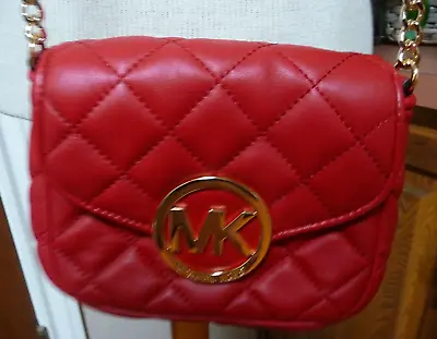 Michael Kors Red Quilted Leather Crossbody Bag Partly Gold Chain Strap NEW • $49