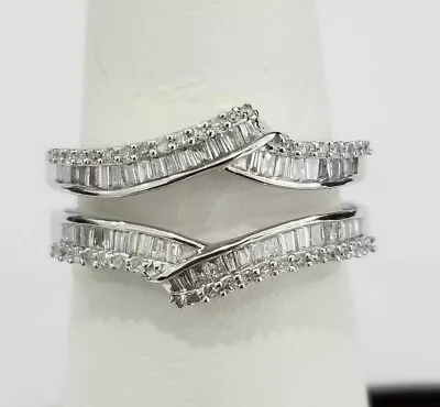 14K White Gold Plated Simulated Baguette RoundReal Moissanite Wedding Ring Guard • $109.59