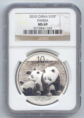 China 2010 Silver Panda 10 Yuan 1 Ounce 0.999 Silver NGC MS-69 • $38