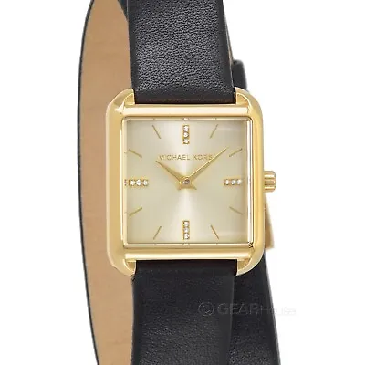 Michael Kors Drew Womens Gold Watch Square Dial Double Wrap Black Leather Band • $74.80