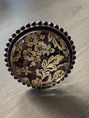 Vintage Glass Domed Black & Cream Flower Drawer Pull Knob -  2  - Replacement • $18