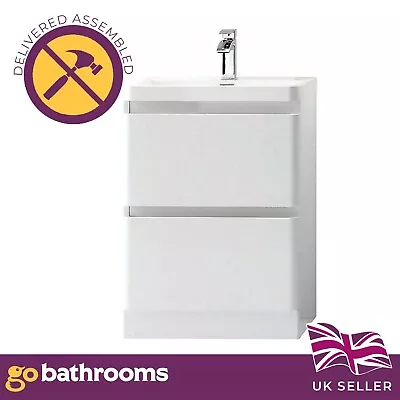 White Vanity Unit 600mm Floor Gloss Bathroom Sink Unit & Resin Hand Wash Basin • £325