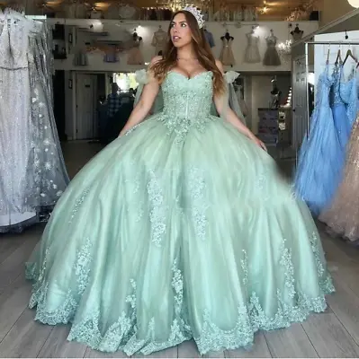 Sage Green Lace Quinceanera Dresses Masquerade Sweet 15 16 Prom Party Ball Gowns • $142.39