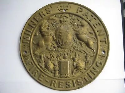 £20 • Buy Victorian Embossed Brass Milners' Patent Fire Resisting Safe Plate 208mm Worn