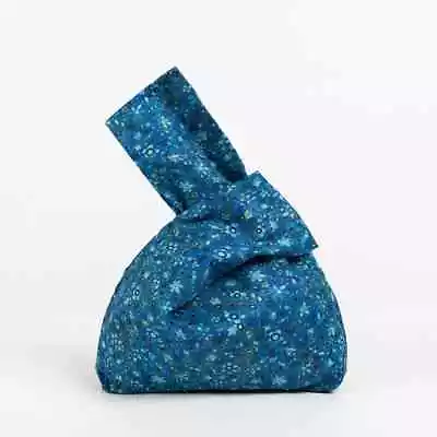 Japanese & Korean Style Floral Knot Bag Blue Flowers Design Small Wrist Bag • £6.99