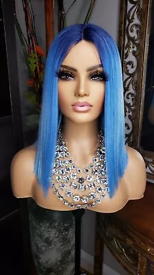 New Blue Blunt Cut Bob Short A-line Cut Style Lace Part Wig Quick Easy Women Wig • $50