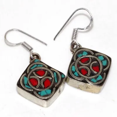 Tibetan Turquoise Red Coral Earrings| Handmade Gemstone Gift Size 1.5  GW • $3.99