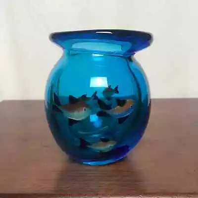 Beautiful Murano Heavy Thick Glass Blue Hand Painted Fish Aquarium Short Vase • $69.99