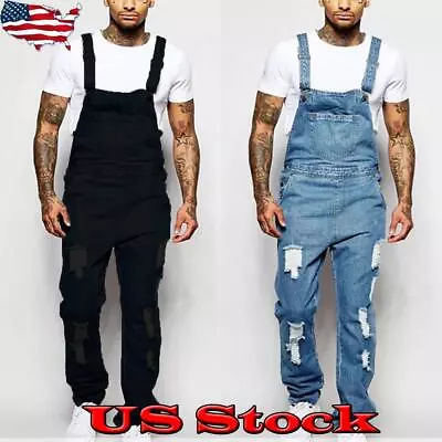 Mens Ripped Denim Overalls Slim Fit Jeans Dungaree Bib Jumpsuit Comfy Long Pants • $39.09