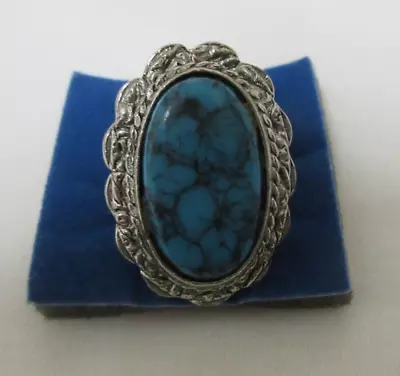 Vintage Silver Tone Blue And Black Marbled Faux Stone Adjustable Ring • $11.99