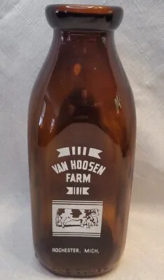 Vintage Amber Glass Milk Bottle - Van Hoosen Farm - Rochester Michigan - W/ Cap • $34.99