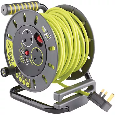 Masterplug OMU25132USL-PX PRO-XT Open Cable Reel 240V 13A 2-Socket & 2 USB 25m • £48.66