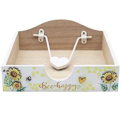 Bee Happy Sunflower Wooden Napkin Holder Organiser Heart Weight Summer Floral • £10.75