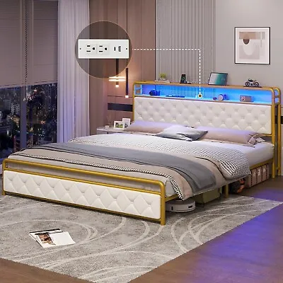 King Size Bed Frame With Charging Station &LED Lights Modern Platform Bed Frame • $189.97