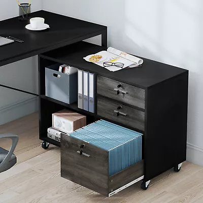 3 Drawer Wood Mobile Lateral Filing Cabinet File Cabinet With Open Storage Shelf • $105.59