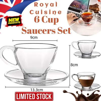 Royal Cuisine Cup Saucers Set Clear Glass Coffee Cappuccino Tea Cup Set Of 6  UK • £15.99