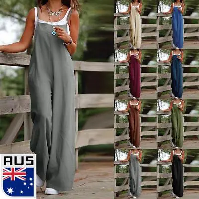 $23.89 • Buy Womens Cotton Linen Dungaree Jumpsuit Romper Wide Legv Pants Playsuit Overalls