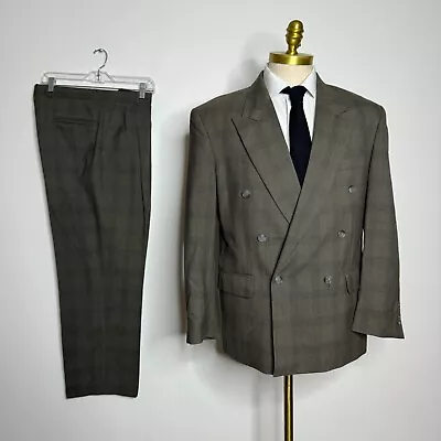 Vtg Double Breast Suit Mens Check Brown 100% Wool 38S 32W • $69.99