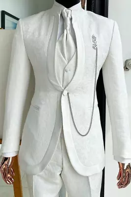 Men White Jacquard Suit Slim Fit Groom Tuxedos Formal Wedding Party Suit Custom • $110.99