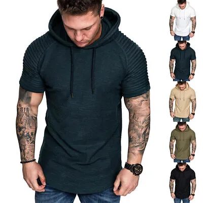 Men Short Sleeve Hooded Slim T-Shirt Hoodie Summer Casual Pleated Gym Sport Tops • £8.39