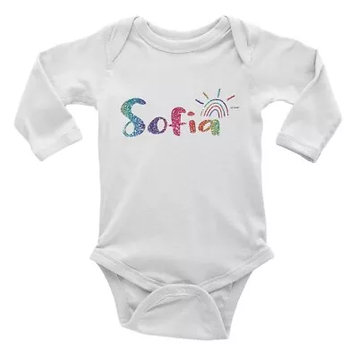 Personalised Rainbow Glitter Effect Long Sleeve Baby Vest Bodysuit Boys Girls • £5.99