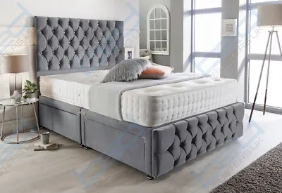 GREY SUEDE CHESTERFIELD DIVAN BED SET + MEMORY MATTRESS 4FT6 Double 5FT King • £364.99