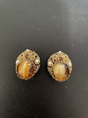 Vintage West Germany Marked Amber Art Glass & Faux Pearl Clip On Earrings • $38