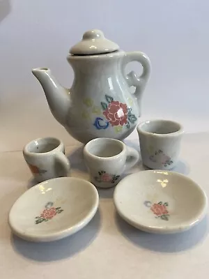 Vintage Child's Moss Rose Pink Roses Tea Set Play Dishes Teapot Cups Saucer • $24