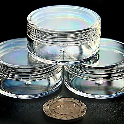 CLEAR PLASTIC SMALL SAMPLE JARS POT GLITTER CREAM COSMETIC NAIL ART STORAGE Jfc • £3.64