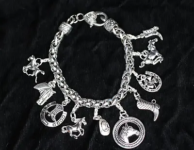 Country Western Charm Bracelet Silver Pewter Charms 8  Horses Boots Horseshoes • $15.99
