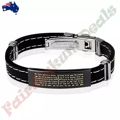 Lords Prayer Black Plated Stainless Steel ID Plate Stitch Accent Rubber Bracelet • £8.61